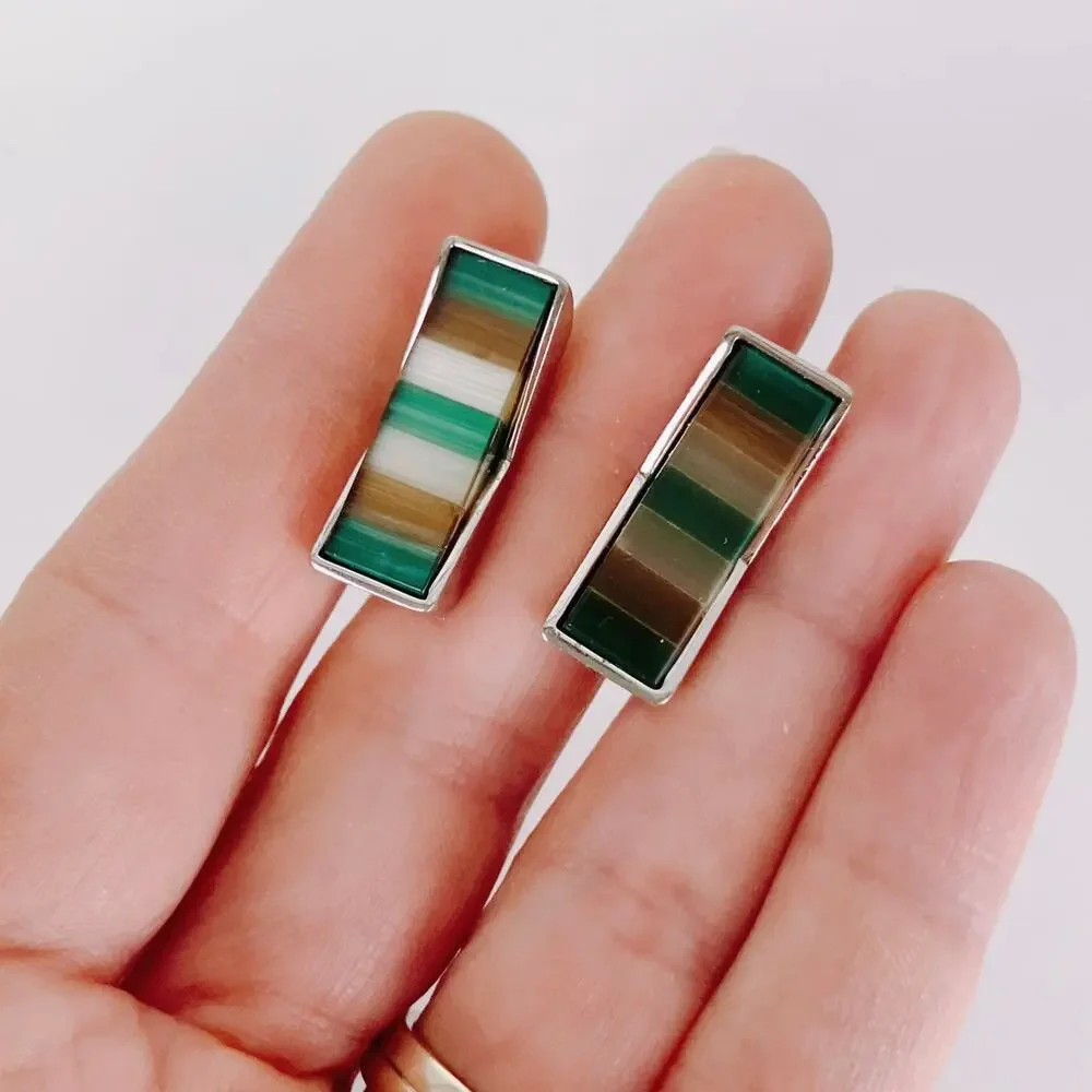 Vintage 1970s Striped Glass Inlay Modernist Geometric Cufflinks Mens Mod Jewelry